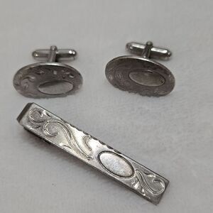 Vintage Sterling Silver Cufflinks and Tie Clip Set, 25.31g